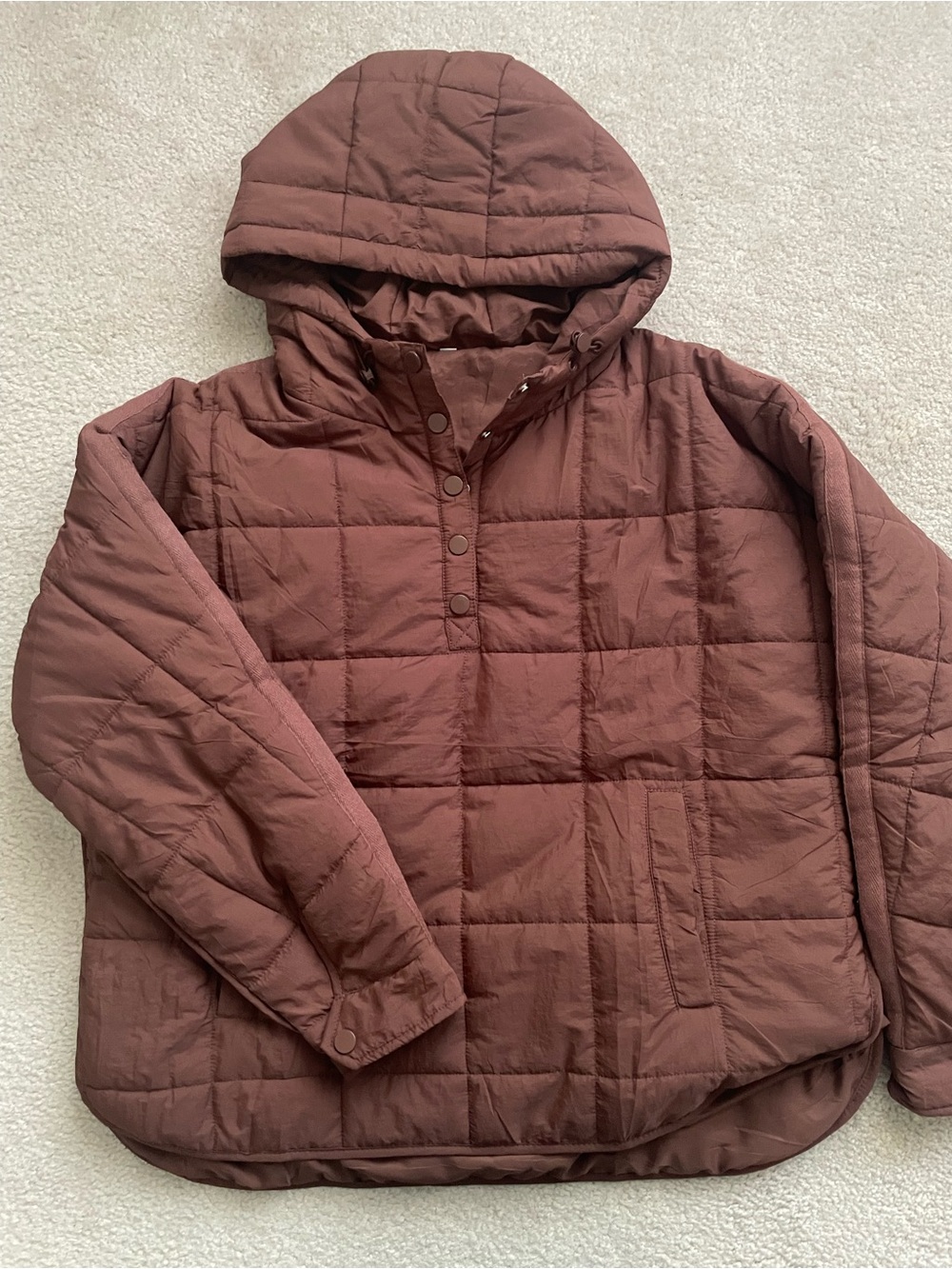 Oversized Hooded Quilted Pullover Puffer Jacket Womens Brown Front Pockets Long